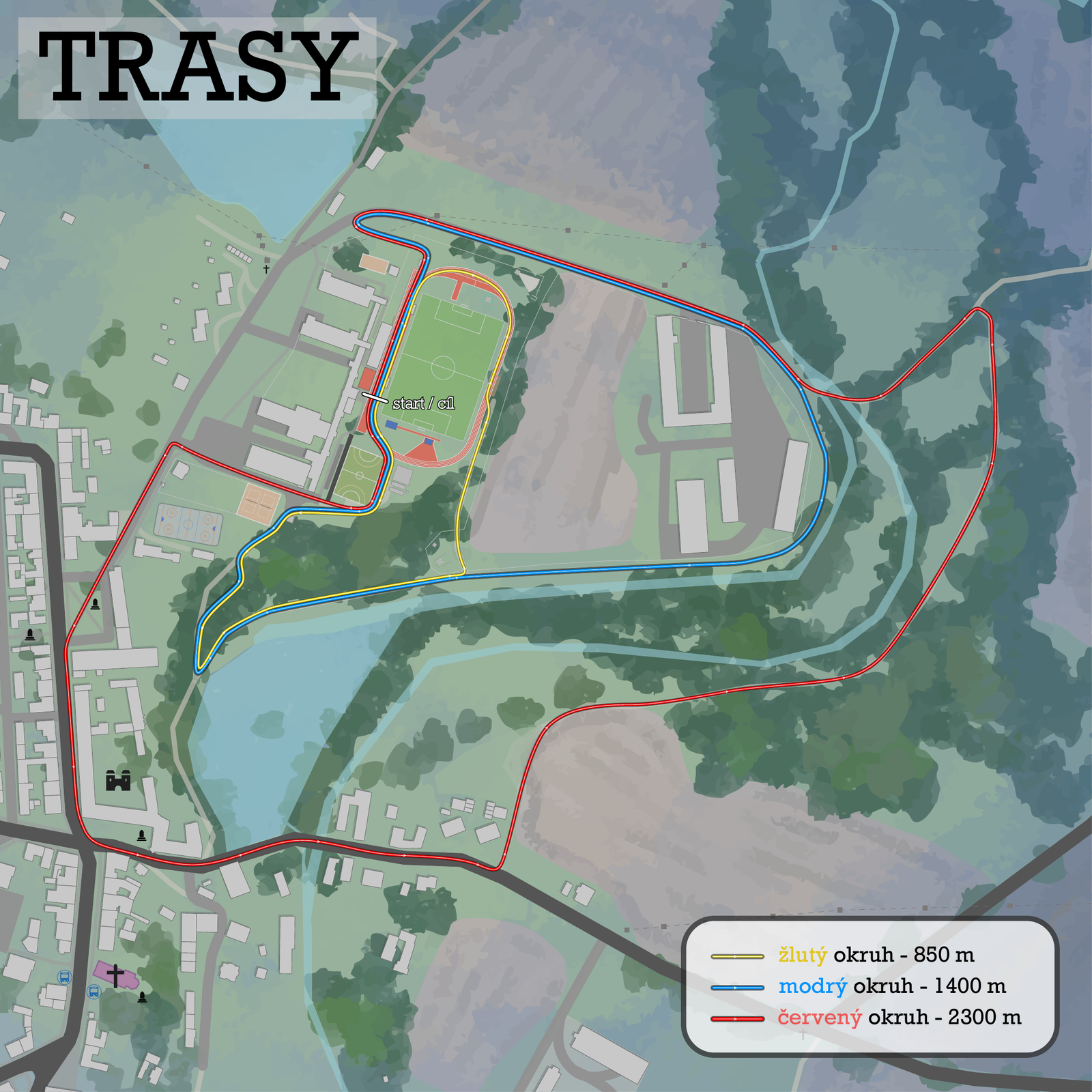Mapa závodních tras Večerního běhu – žlutý, modrý a červený okruh se startem a cílem na stadionu
